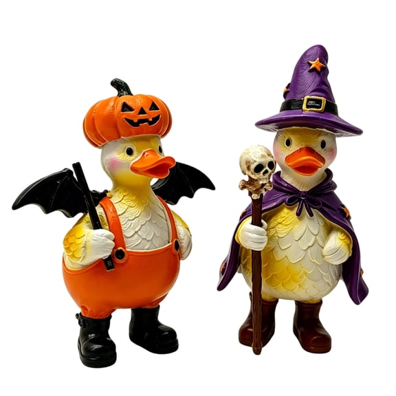 2-Piece Duck with Pumpkin Hat and Skeleton Staff Resin Figurine, 2026 Halloween Fall Spooky Home Decor Ornament for Shelf Mantel Tabletop Display