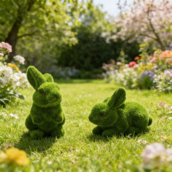 2-Piece Easter Flocked Bunny Figurines, Green Moss-Like Rabbit Decor for Easter Home Party Decor
