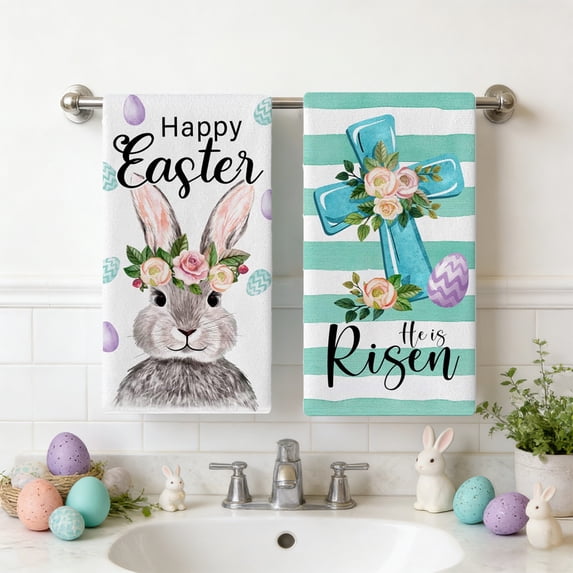 2 Piece Easter Themed Microfiber Kitchen Towel Set, Decorative Towels, Hand Towels, 40x60cm Polyester Highly Absorbent & Washable Design, for Kitchen & Bathroom Use During Holiday Season