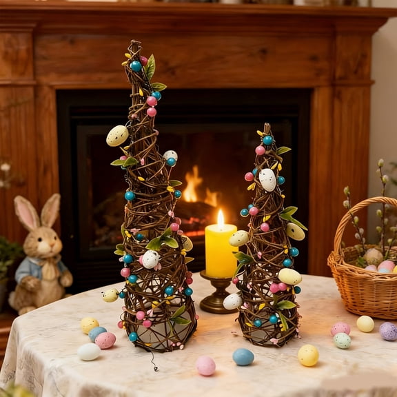 2-Piece Easter Twisted Vine Decor Tower Set, 2-in-1 DIY Easter Egg Tabletop Decor for Home Fireplace and Party, Easter Decor
