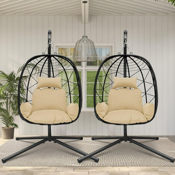 2 Piece Egg Chair, Outdoor Wicker Egg Chair with Stand, Patio Swing Chair Hammock Basket Chair with Removable Cream Cushion, All-weather Rattan Egg Chair for Living Room Balcony Porch, 265lbs Capacity