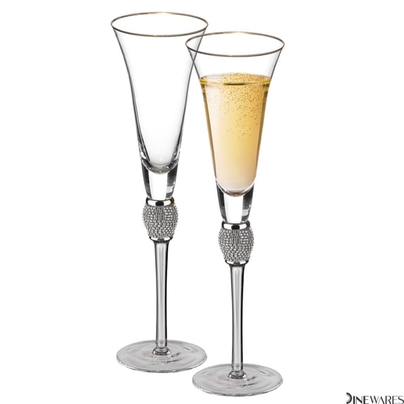 2 Piece Elegant Crystal Set Wedding Champagne Glasses with Diamond Rhinestone Accents and a Polished Silver Rim - 11 in Tall with Slender Long Stem, 7 oz - Chic Toasting Set for the Bride and Groom