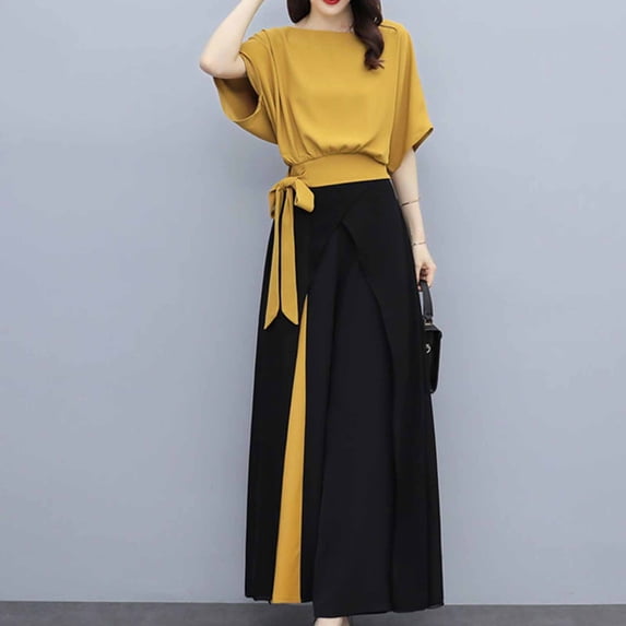 2 Piece Elegant Office Outfit for Women Batwing Sleeve Blouse Wide Leg Culottes Pants Set Yellow M