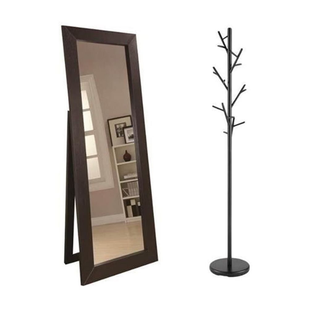 Contemporary Black Metal Coat Rack and Dark Cappuccino Floor Mirror Set
