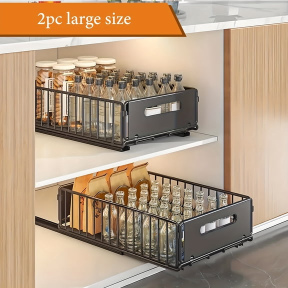 2-Piece Extendable Pull-Out Cabinet Storage Basket, Sliding Storage Basket for Kitchen and Bathroom Sinks, Multi-functional Organizer, Spice Rack, Snack Rack, Household Goods and Cleaning Supplies St