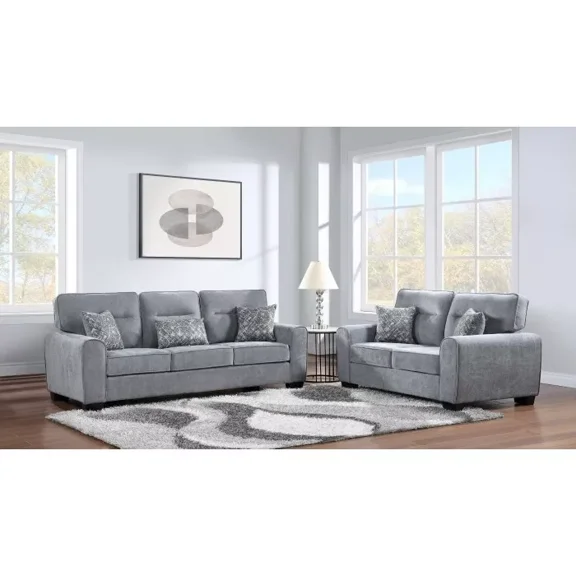 2 Piece Fabric Upholstered Sofa Set, Classic Living Room Sofa Couch and Loveseat, Light Gray