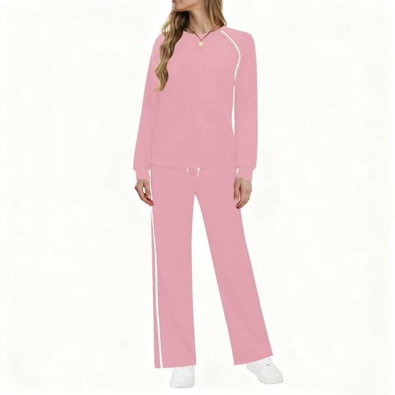 2 Piece Fall Outfits Womens Sweatsuits Loose Lounge Casual Long Sleeve Top and Wide Leg Pant Sets with Pockets (2XL, Pink)