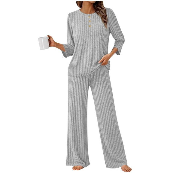 2 Piece Fall Outfits for Women Ribbed Knit 3/4 Sleeve Top and Wide Leg Pant Set with Pockets Casual Loungewear (L, Gray)