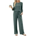 thumbnail image 1 of 2 Piece Fall Outfits for Women Ribbed Knit 3/4 Sleeve Top and Wide Leg Pant Set with Pockets Casual Loungewear (L, Navy), 1 of 7