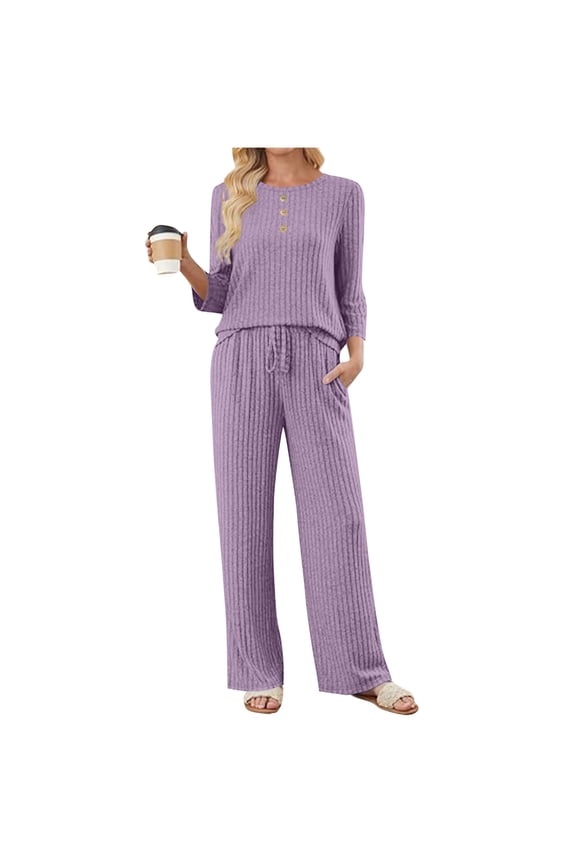 2 Piece Fall Outfits for Women Ribbed Knit 3/4 Sleeve Top and Wide Leg Pant Set with Pockets Casual Loungewear (L, Purple)