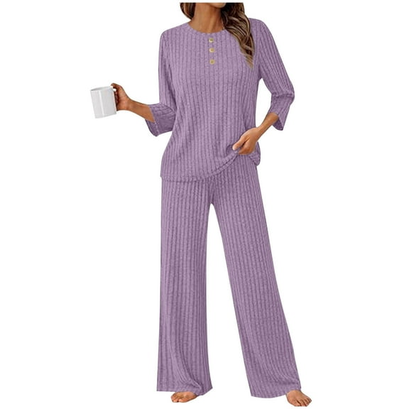 2 Piece Fall Outfits for Women Ribbed Knit 3/4 Sleeve Top and Wide Leg Pant Set with Pockets Casual Loungewear (M, Purple)