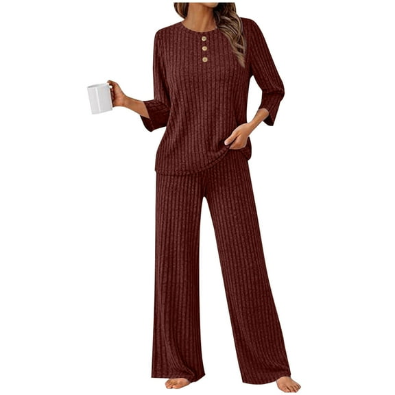 2 Piece Fall Outfits for Women Ribbed Knit 3/4 Sleeve Top and Wide Leg Pant Set with Pockets Casual Loungewear (S, Brown)