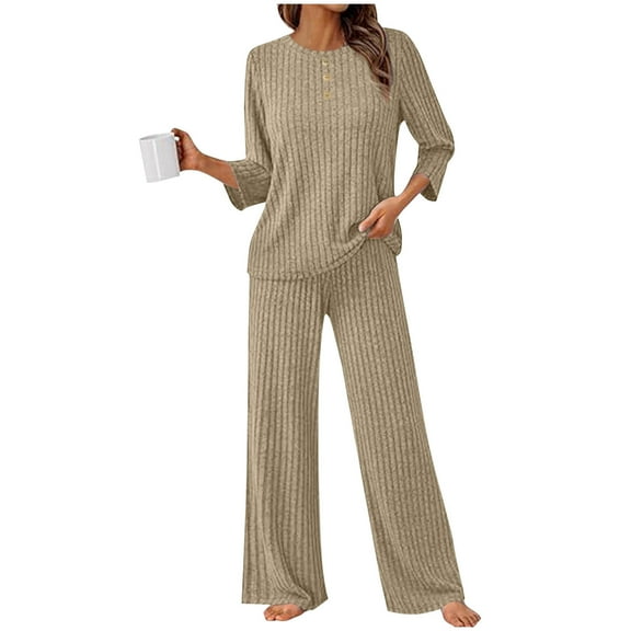 2 Piece Fall Outfits for Women Ribbed Knit 3/4 Sleeve Top and Wide Leg Pant Set with Pockets Casual Loungewear (S, Khaki)