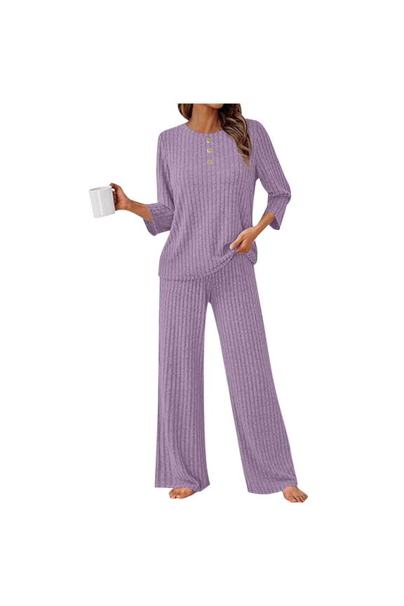 2 Piece Fall Outfits for Women Ribbed Knit 3/4 Sleeve Top and Wide Leg Pant Set with Pockets Casual Loungewear (S, Purple)