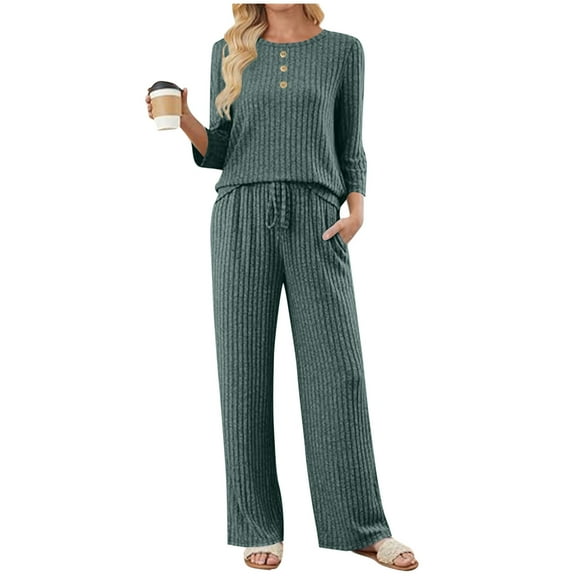 2 Piece Fall Outfits for Women Ribbed Knit 3/4 Sleeve Top and Wide Leg Pant Set with Pockets Casual Loungewear (XL, Navy)
