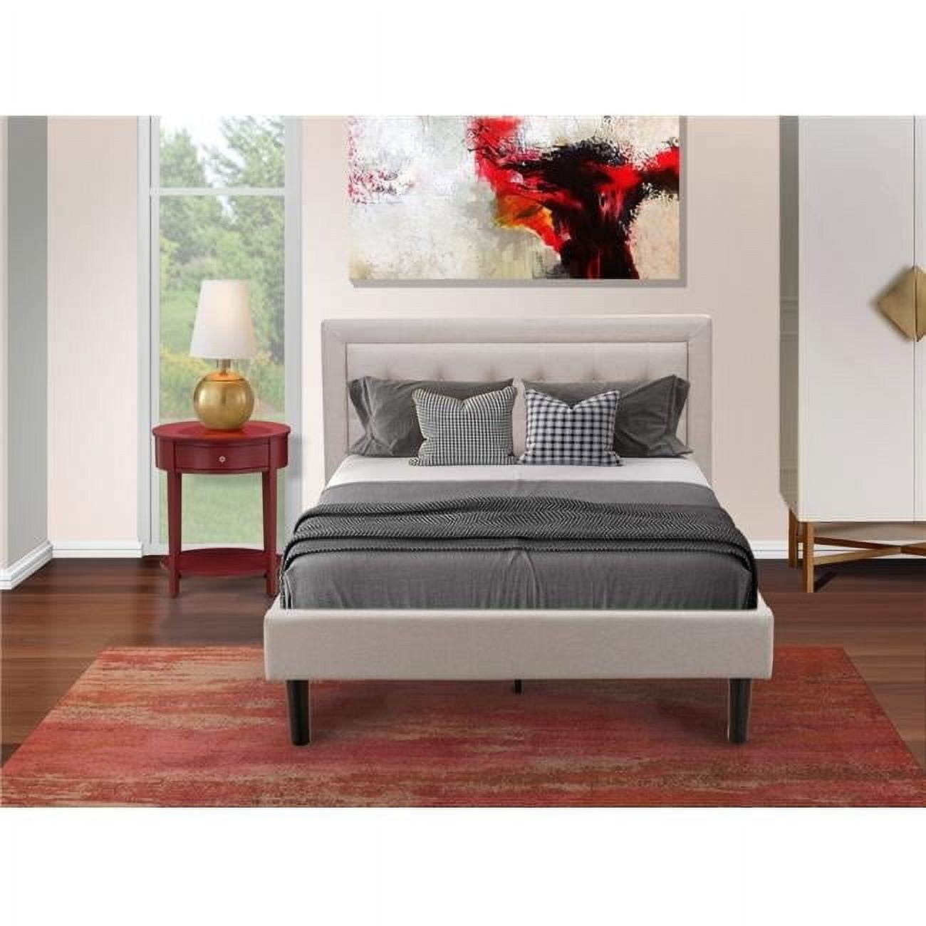 Mist Beige Upholstered Full Bed with Burgundy Nightstand