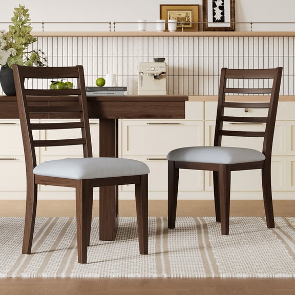 2-Piece Farmhouse Dining Chairs Set, Upholstered with High Ladder Back, Classic Armless Chairs, Walnut