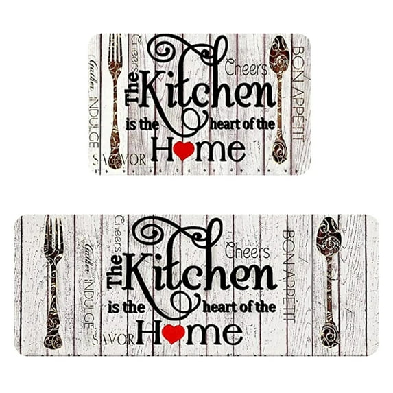 2 Piece Farmhouse Kitchen Mats Set, Cushioned Memory Foam Ergonomic Floor Mats With Kitchen-Themed Fork & Spoon Decor (Kitchen Is The Heart Of The Home), Waterproof Washable