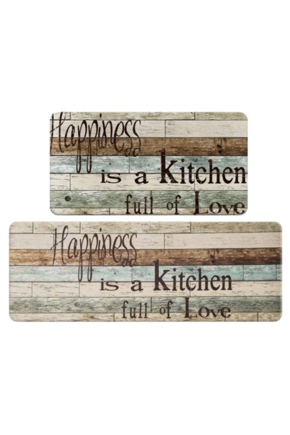 2 Piece Farmhouse Kitchen Mats Set, Memory Foam Cushioned Floor Mats For Kitchen & Home Offices, Waterproof Easy-Clean Anti-Fatigue Rug With 'Happiness Is A Kitchen Full Of Love'