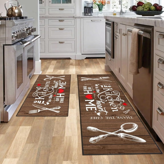 2 Piece Farmhouse Kitchen Rug Set, Brown and White Rustic Vintage Style Theme Decor Kitchen Rugs, Absorbent Washable Floor Mats, Home Indoor Runner Carpet 17x30+17x47 Inches