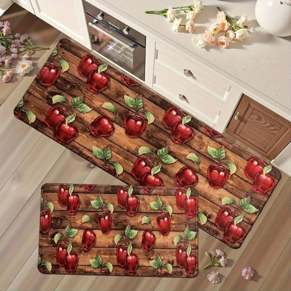 2‑Piece Farmhouse Red Apple Kitchen Mat Set, 48x17in & 28x17in, Non‑Slip Rubber Backing Quick‑Drying Runner Rugs for Bathroom Bedroom Living Room Porch Laundry Home Decor