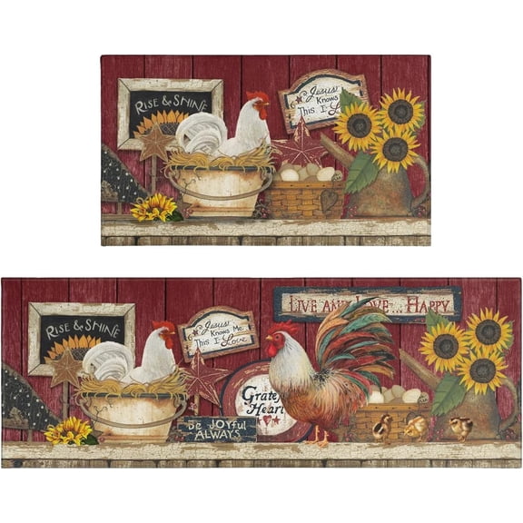 2 Piece Farmhouse Vintage Rooster Kitchen Mats Set, Non Slip Rubber Back Washable Decorative Floor Runner Rugs, Low Profile Stain Resistant Comfort Standing Mats for Kitchen Sink Laundry