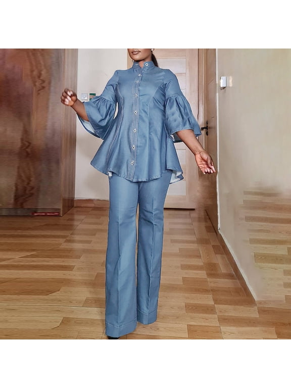 2 Piece Fashion Outfit Set Womens Bell Sleeve Stand Collar Peplum Tops Wide Leg Pants, Elegant Formal Daily Wear Sky Blue M