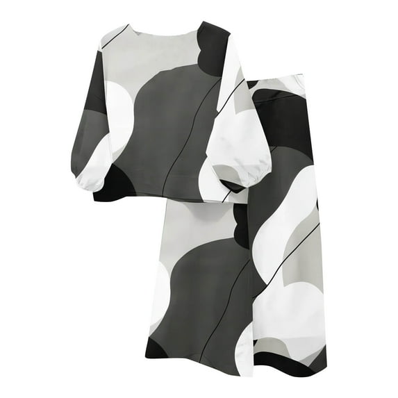 2 Piece Fashion Outfits for Women Plus Size Fall Loose Color Block Lounge Set Lantern Sleeve Drop Shoulder Tops Wide Leg Pants, Black, XXXL