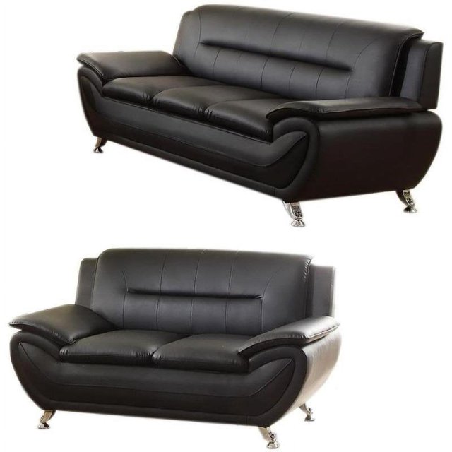 2 Piece Faux Leather Modern Sofa and Loveseat Set in Black