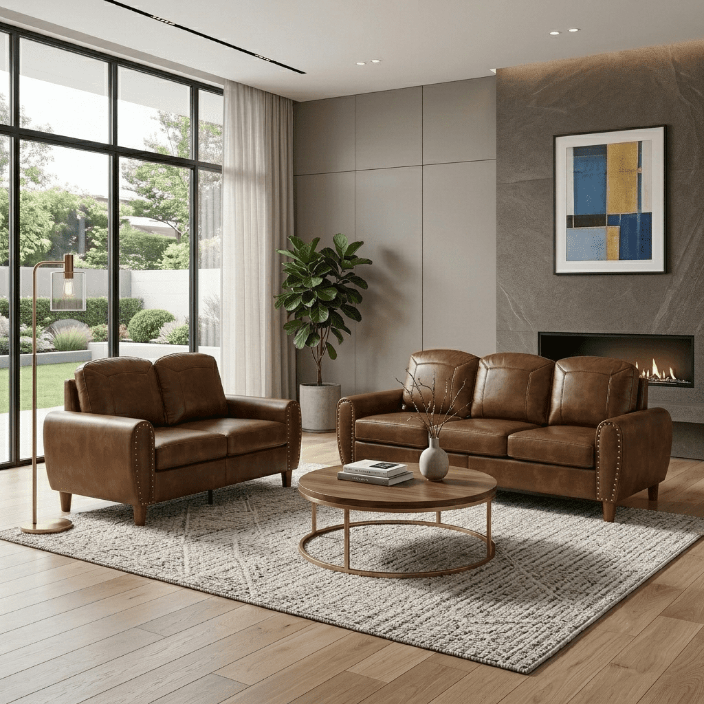 2-Piece Faux Leather Sofa Set,Classic Rolled Arm Loveseat & 3-Seater Sofa Couch with Brass Nailhead Trim & Solid Wood Legs,Apartment,Living Room,Brown