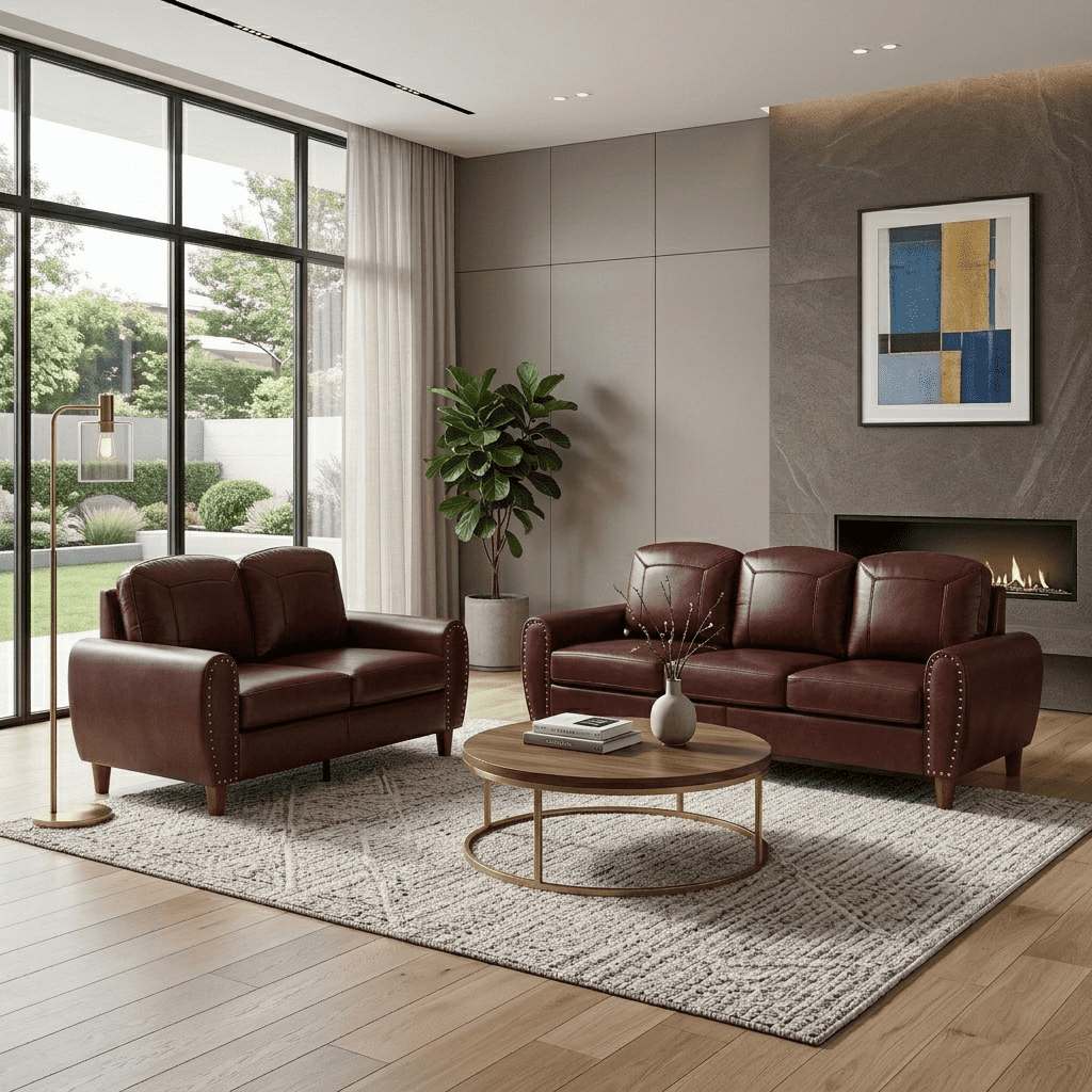 2-Piece Faux Leather Sofa Set,Classic Rolled Arm Loveseat & 3-Seater Sofa Couch with Brass Nailhead Trim & Solid Wood Legs,Apartment,Living Room,Burgundy