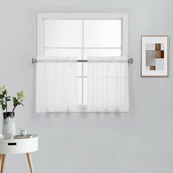 2 Piece Faux Linen Privacy Protection Kitchen/Café Curtain Window Treatment Tiers Set, (27"W x 24"L, White)