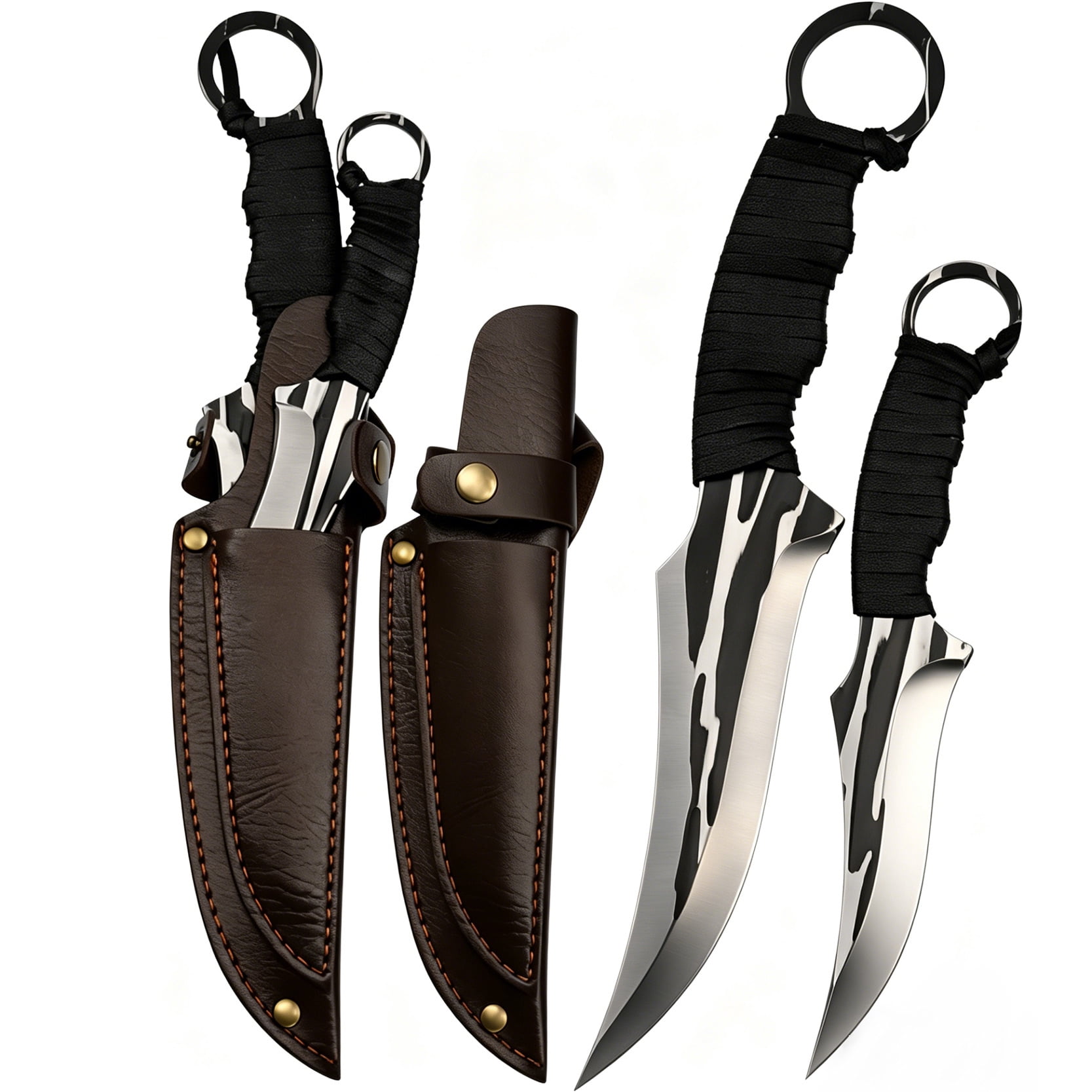 2-Piece Fixed Blade Hunting Knives, Full Tang Wrapped Handle Ring Tactical Knife Set with Sheath