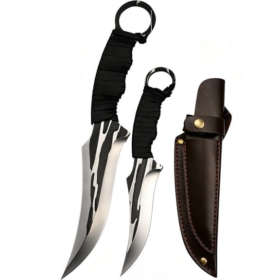 2-Piece Fixed Blade Hunting Knives, Full Tang Wrapped Handle Ring Tactical Knife Set with Sheath
