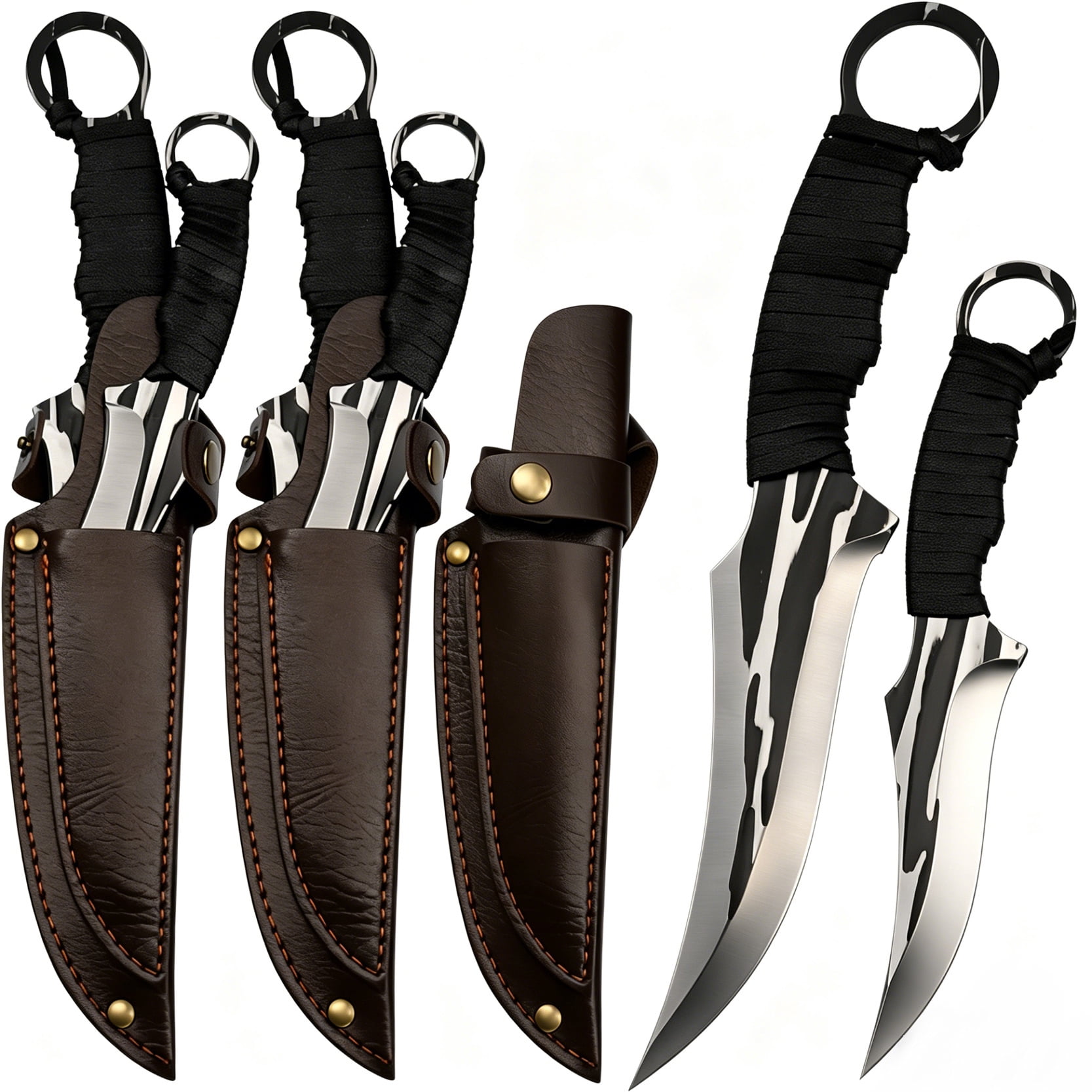 2-Piece Fixed Blade Hunting Knives, Full Tang Wrapped Handle Ring Tactical Knife Set with Sheath