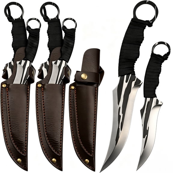 2-Piece Fixed Blade Hunting Knives, Full Tang Wrapped Handle Ring Tactical Knife Set with Sheath