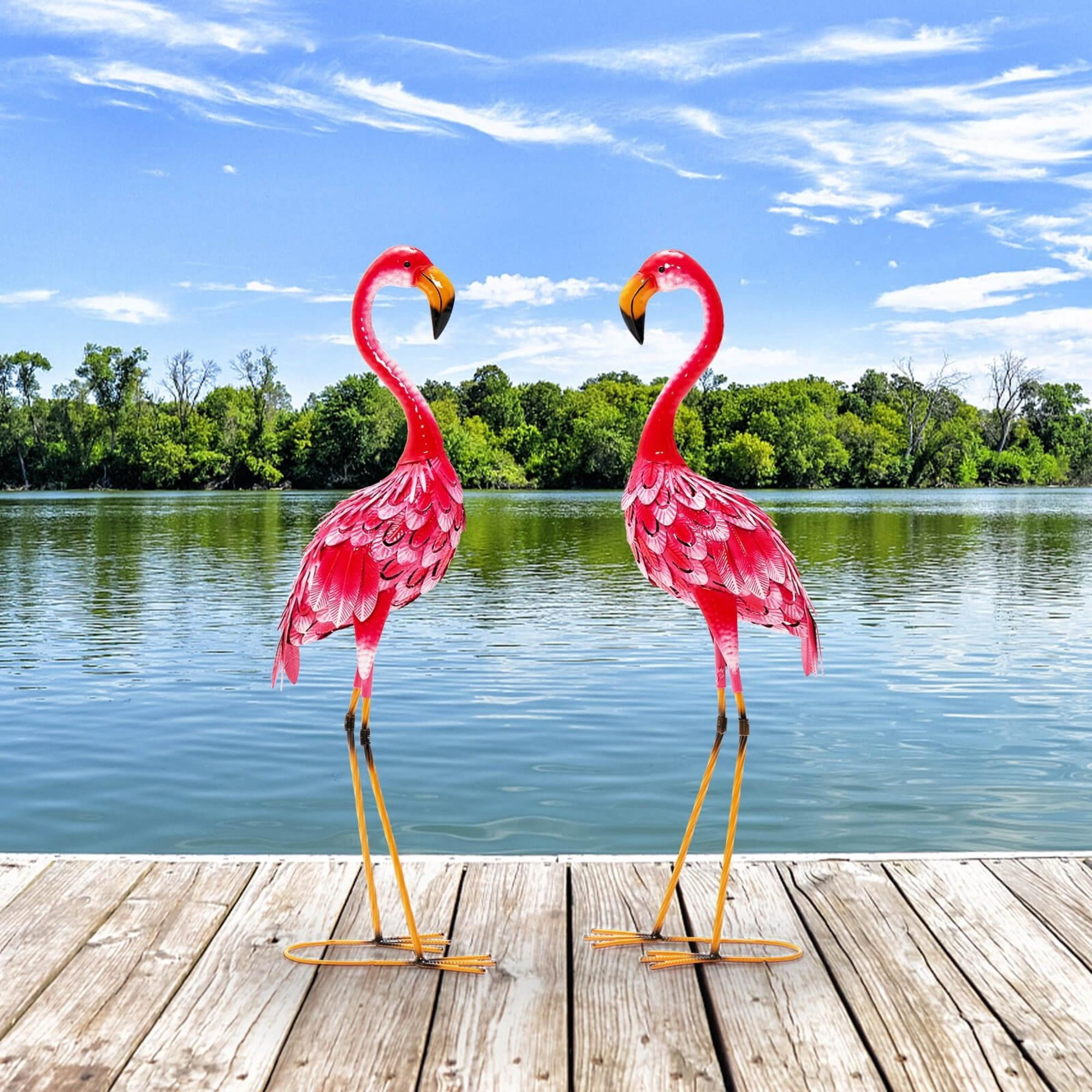 2-Piece Flamingo Garden Statue Set, Rustproof Metal Lawn Ornaments with U-Shaped Stakes, Realistic Standing Flamingo Yard Art Decor for Backyard Patio Lakeside Front Gate