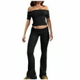 thumbnail image 1 of 2 Piece Flare Pants Set for Women Going Out Off Shoulder Top and Bell Bottom Leggings Slim Fit Sports Yoga Outfits (Large, Black|Short-sleeve), 1 of 7