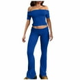 thumbnail image 1 of 2 Piece Flare Pants Set for Women Going Out Off Shoulder Top and Bell Bottom Leggings Slim Fit Sports Yoga Outfits (Medium, Blue|Short-sleeve), 1 of 7