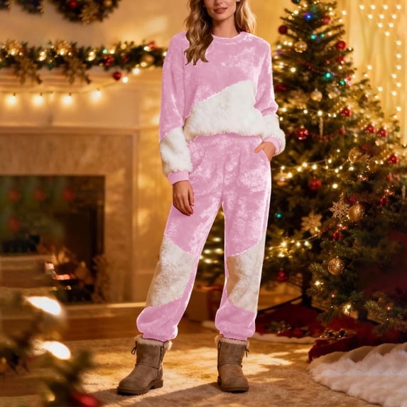 2 Piece Fleece Pajamas Set for Women Long Sleeve Color Block Comfy Winter Warm Fuzzy Loungewear Outfits New Loungewear Sets for Women Fall Pinky M