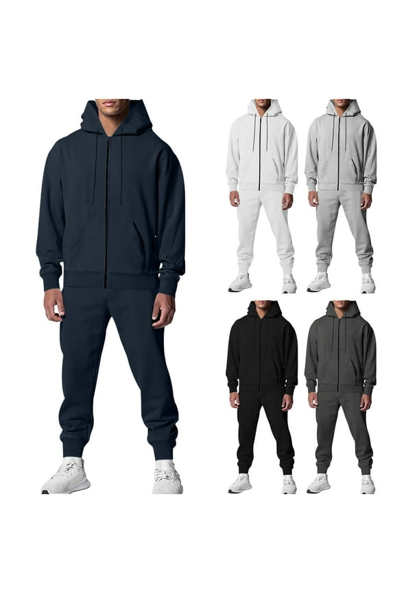 2 Piece Fleece Tracksuits for Men Casual Loungewear Sets Long Sleeve Hooded Sweatshirt and Sweatpants Set Solid Color Sweatsuits Co-Ord Suit Plush Hoodie Joggers Sets Plain Sleepwear Gray M