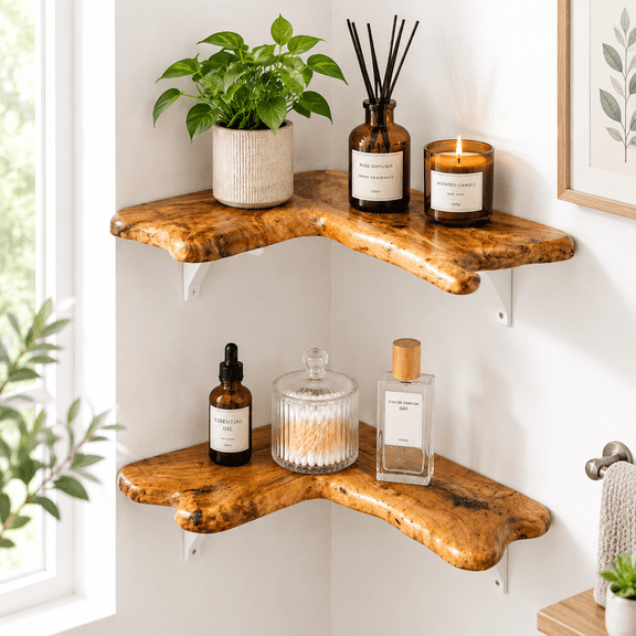 2-Piece Floating Corner Shelves, Cedar Root Wood Live Edge Wall Mounted Display for Home Decor
