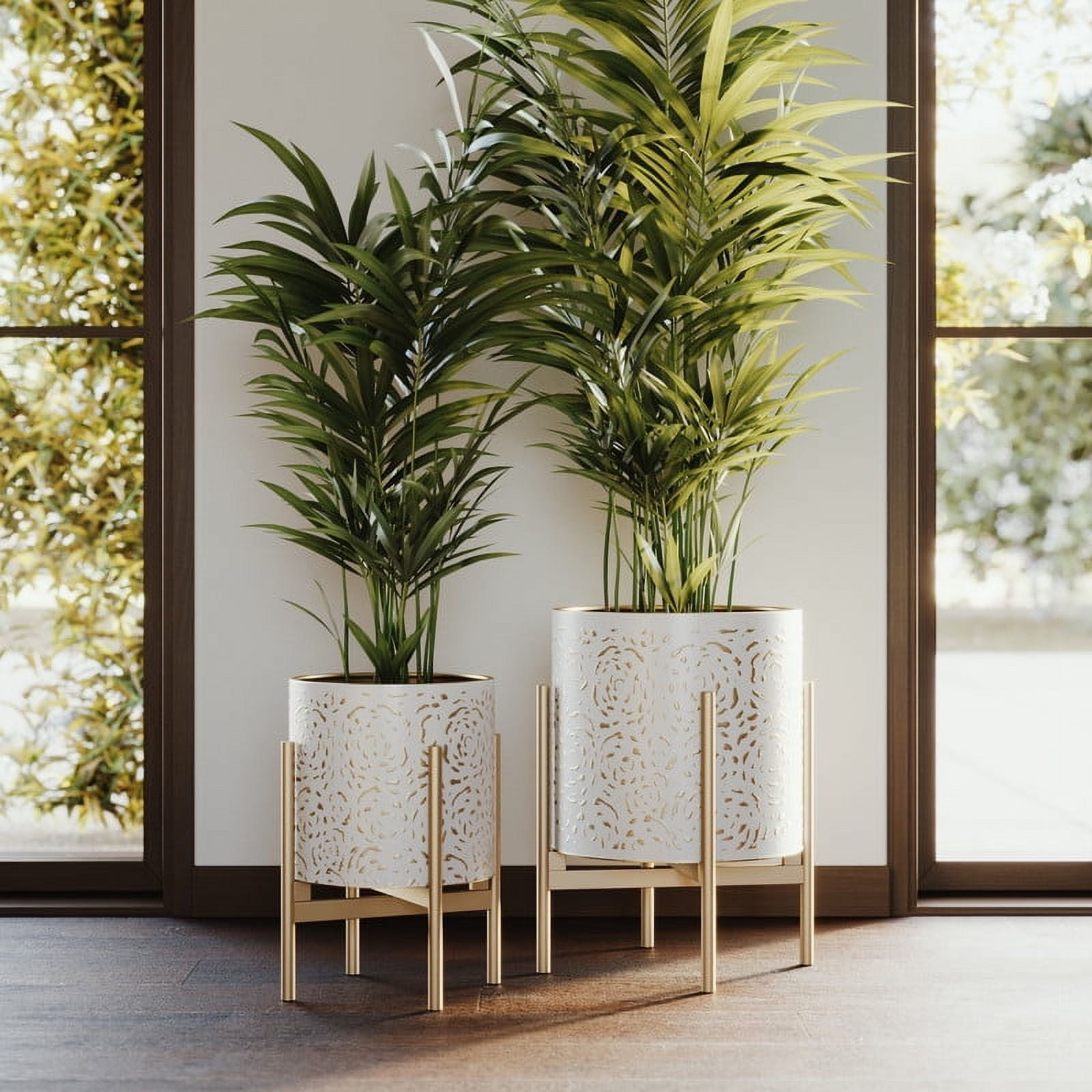2-Piece Floral Metal Planter Pot With 4-Leg Gold Metal Base - White & Gold - 14.75"H x 11.75"W / 12"H x 9.5"W