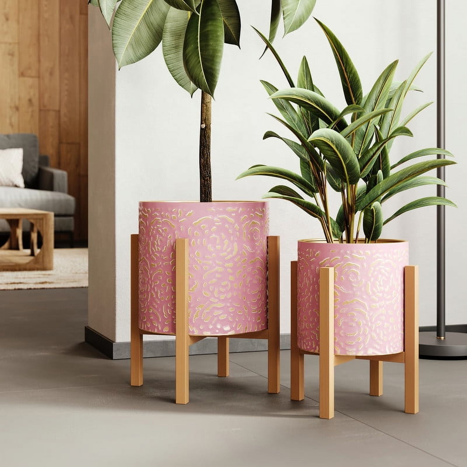 2-Piece Floral Metal Planter Pot With 4-Leg Wood Base - Pink & Gold - 14.75"H x 12"W / 12"H x 10"W
