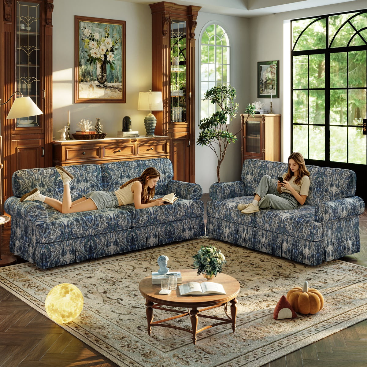 Patterned Sectional 2 Piece Floral Pattern Sectional Sofa with Ruffled Skirt, Mid-Century ...