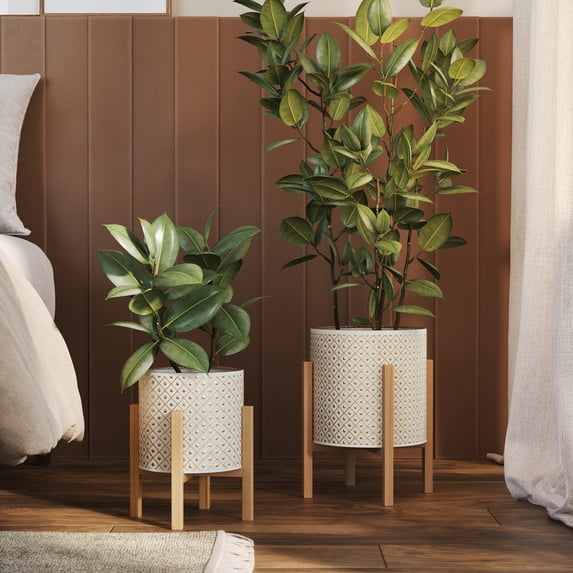 2-Piece Fluted Metal Planter Pot With 4-Leg Wood Base - White & Gold - 14.75"H x 12"W / 12"H x 10"W
