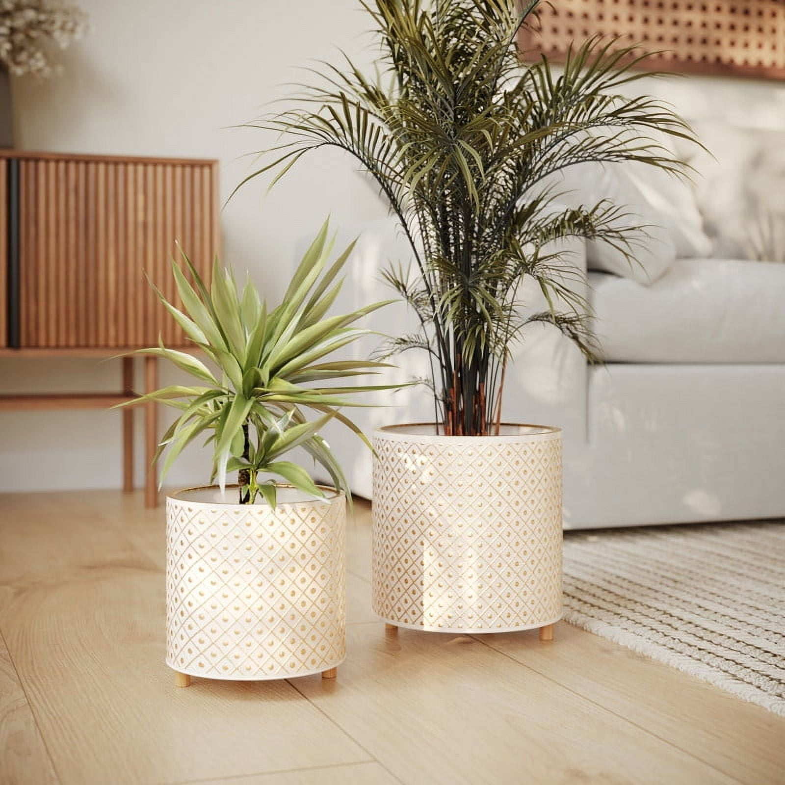 2-Piece Fluted Metal Planter Pot With Peg Base - White & Gold - 10.75"H x 10.25"W / 8.75"H x 8"W