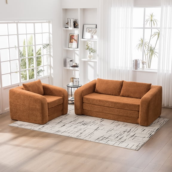 2-Piece Foldable Sofa Bed Living Room Couch Set, Convertible Chenille Boneless Cloud Floor Mattress Sleeper Lounge Accent Chair with Pillow for Apartment Living Room Bedroom Dorm Guestroom, Orange No