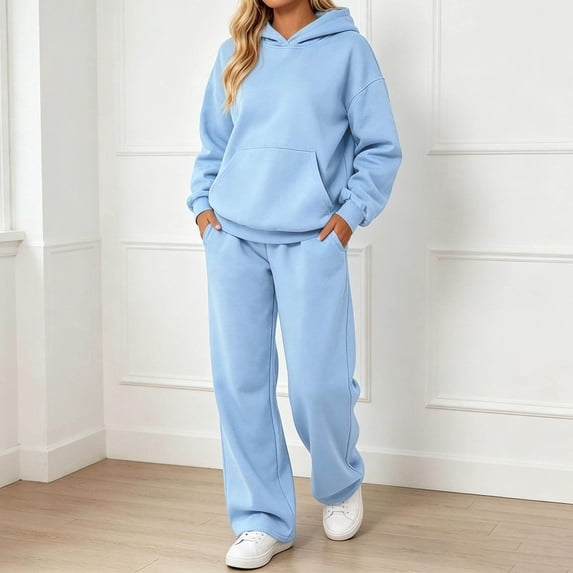 2 Piece For Women Sweatsuits Outfit Track Suit Oversized Hoodie with Pocket Wide Leg Sweatpant Sweat Set Fall Winter Clothes