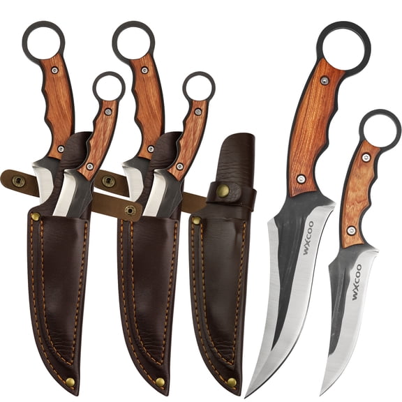 2-Piece Forged Fixed Blade Knives, Wood & Metal Composite Handle Ring Tactical Hunting Knife Set with Sheath